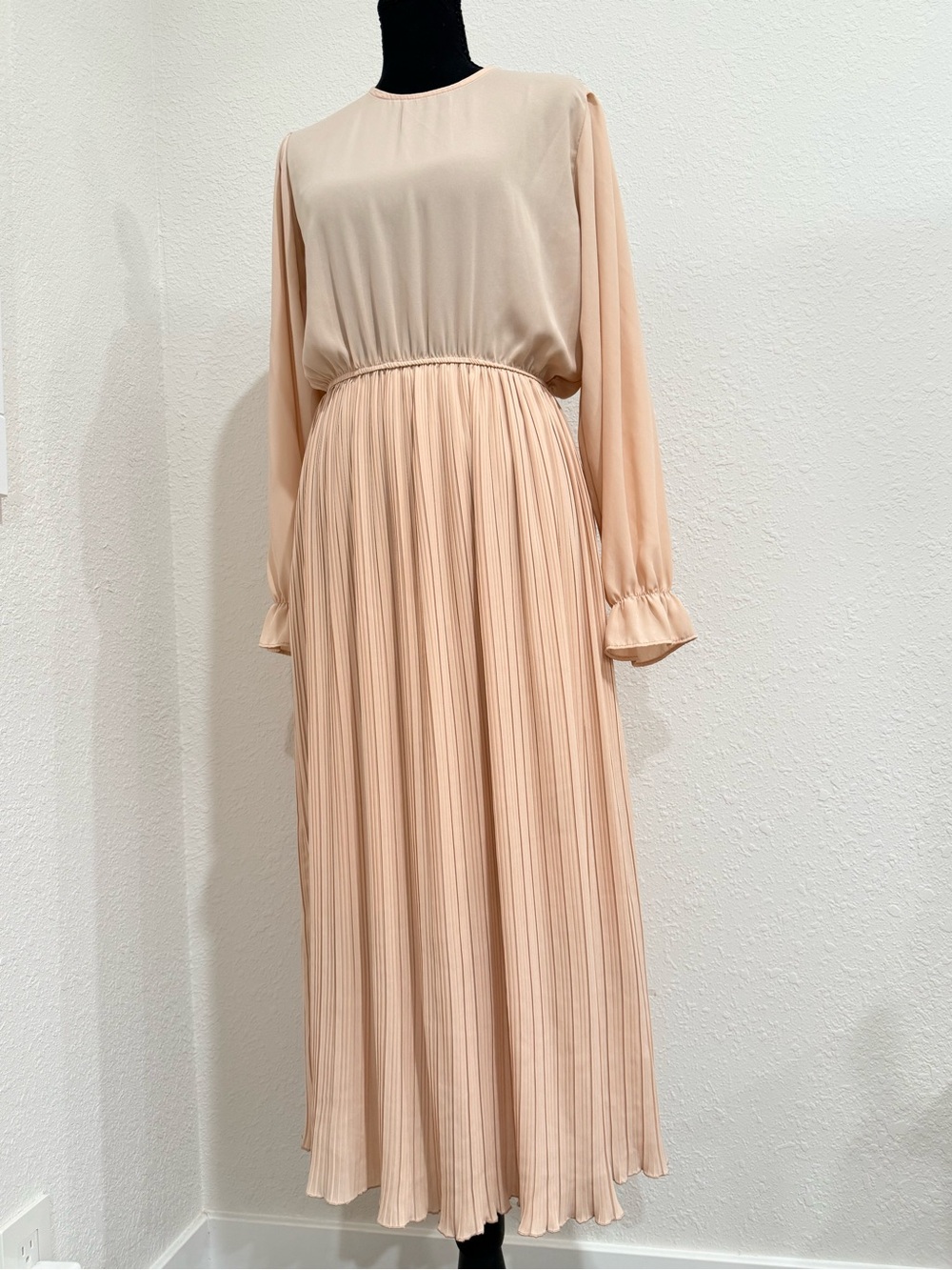 Pleated Long-Sleeve Maxi Dress in Nude Blush